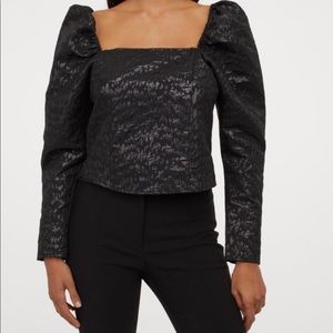 H&M sold out puff sleeve jacquard blouse dressy square neck open back